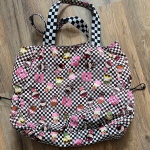 Harajuku Checkerboard Pattern Vintage Tote Bag with Pink Character Accents